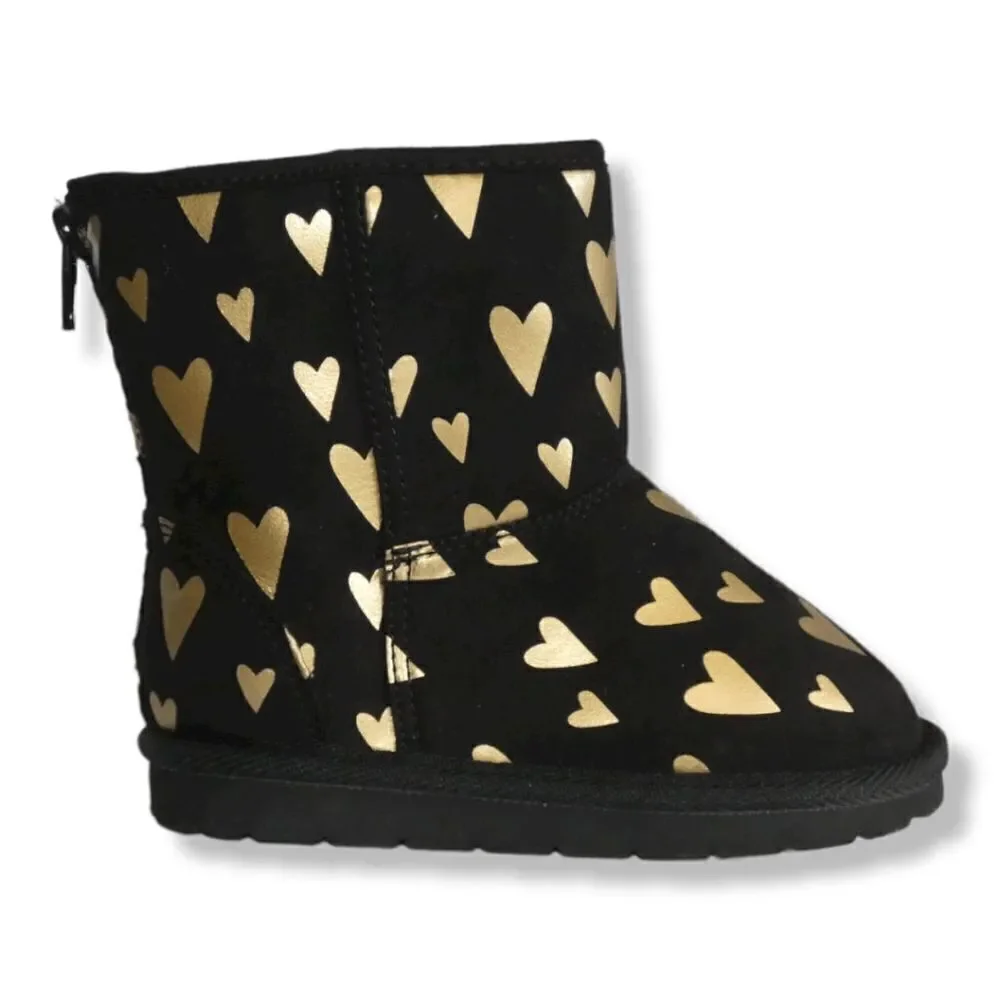 GAP Toddler Size 10 Black Metallic Gold Heart Sherpa Boots Back Zip Cozy Fall